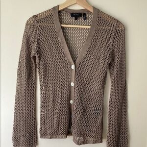 Theory 🤎 🌟 Tan Cardigan Sweater with V-Neck and Ribbed Trim Size P